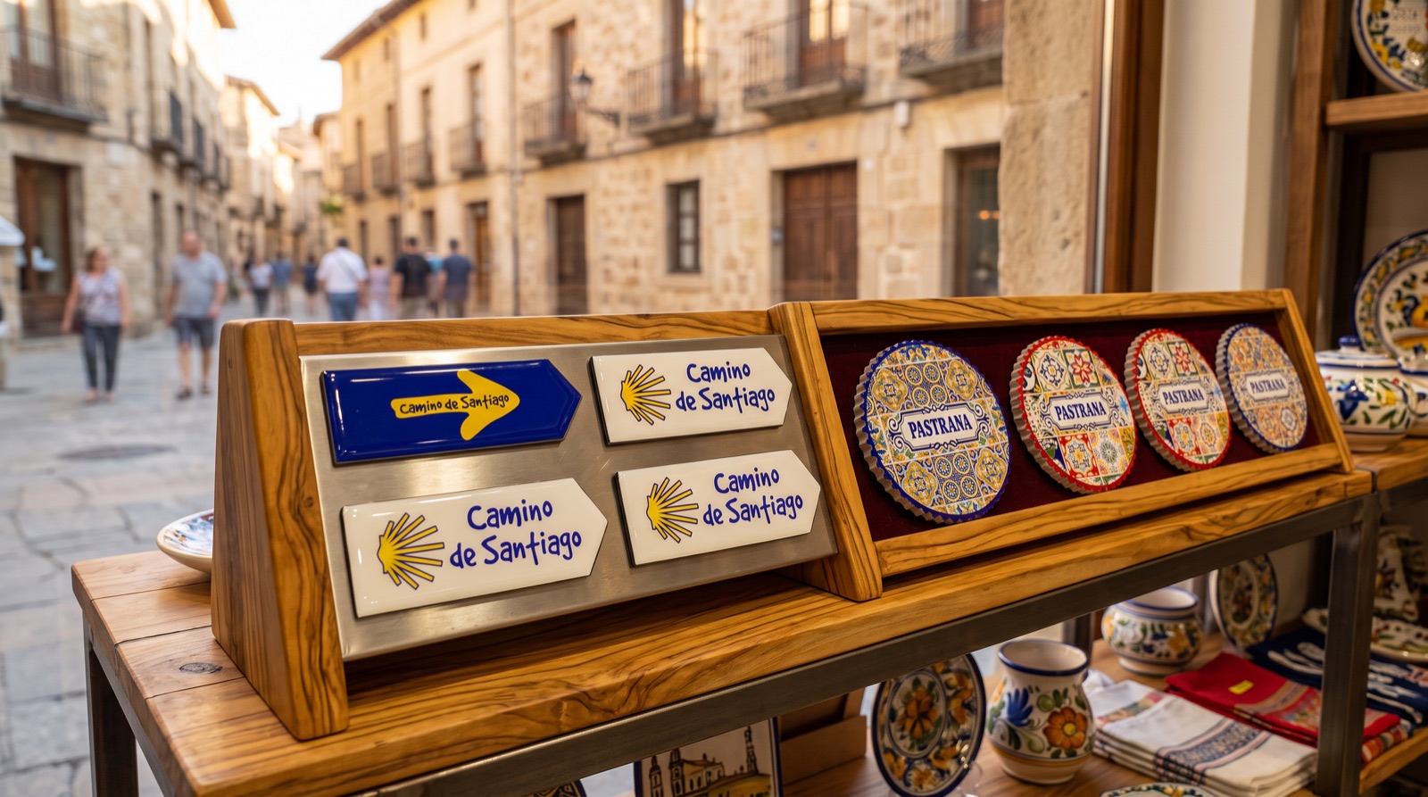 Expositor de souvenirs personalizados del Camino de Santiago y azulejos en una tienda española